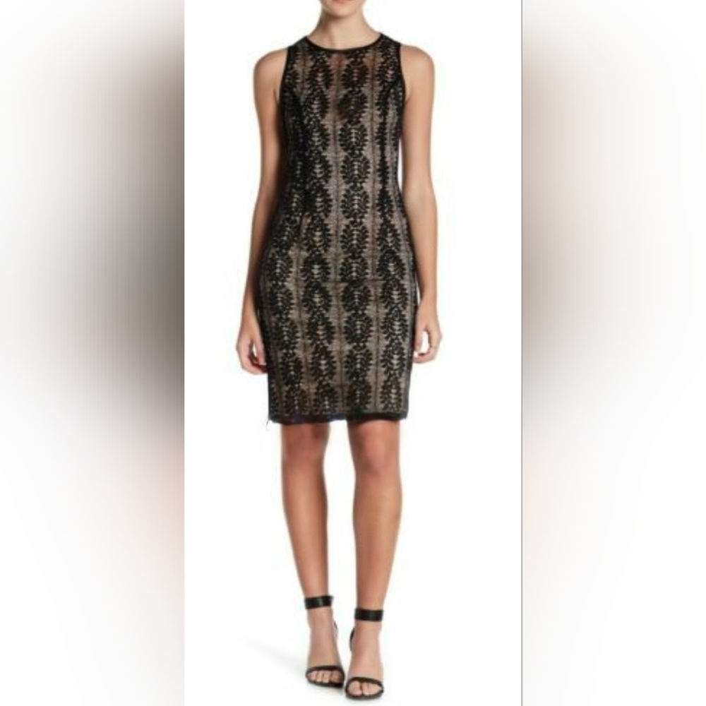 Sharagano Petite Women's Elegant Black and Cream Lace Overlay Dress. Size 6P